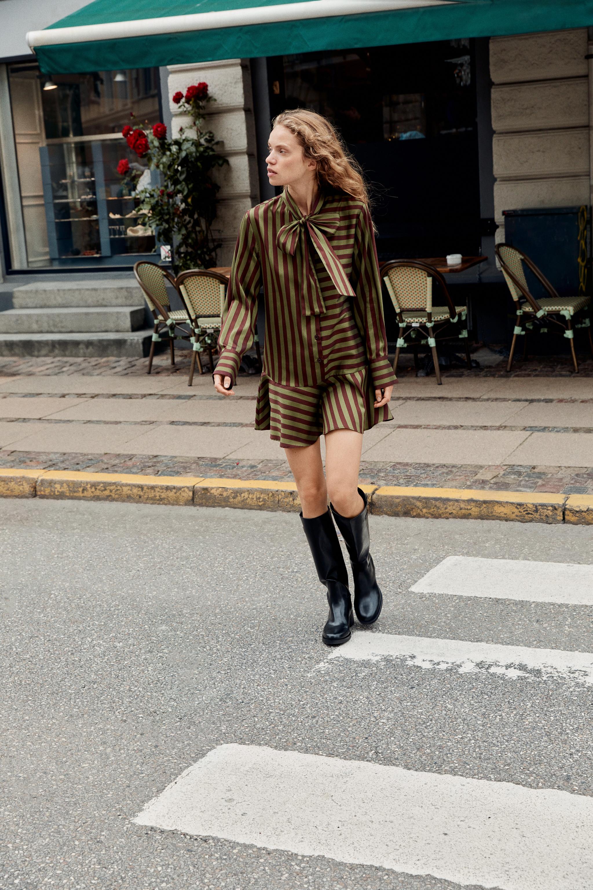 STRIPED TIE-NECK DRESS